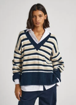 STRIPED V-NECK SWEATSHIRT